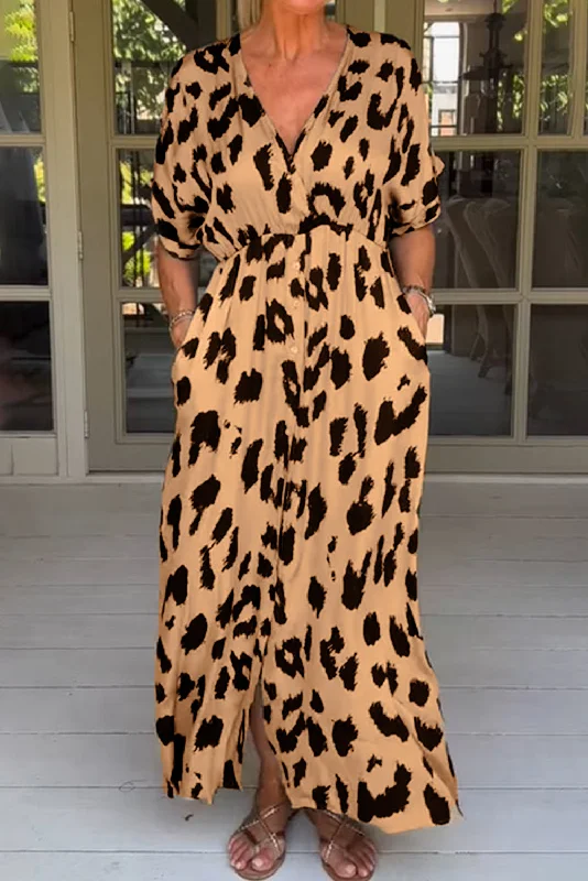 Khaki Leopard V Neck High Waist Buttoned Plus Maxi Dress Stylish Button-Up Maxi Dress Khaki Leopard V Neck High Waist Buttoned Plus Maxi Dress Stylish Button-Up Maxi Dress