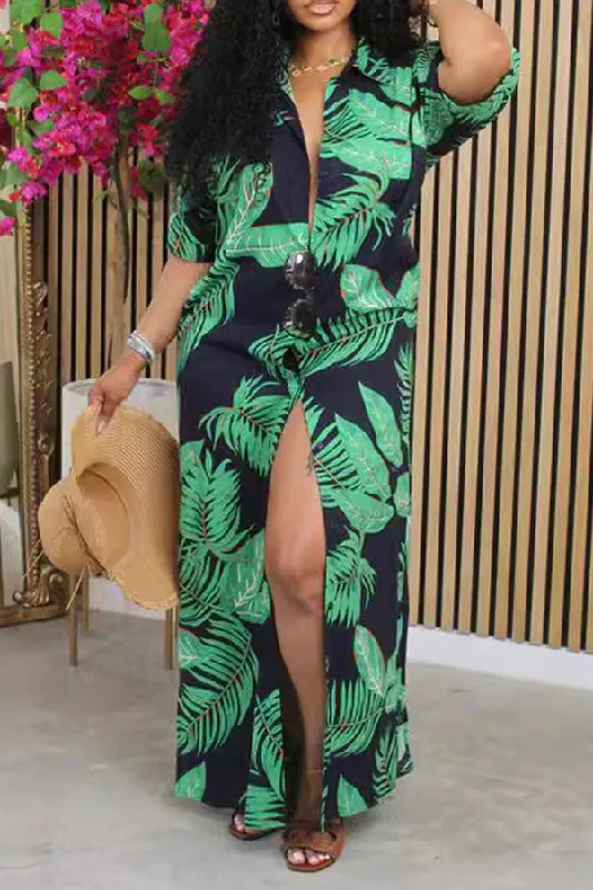 Leaf Print Wild Casual Wear Shirt Collar Maxi Dress Fashionable Faux Wrap Maxi Dress Leaf Print Wild Casual Wear Shirt Collar Maxi Dress Fashionable Faux Wrap Maxi Dress