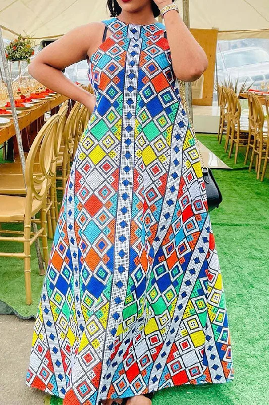 Multicolor Geometric Print Casual Halter Collar Maxi Dress Trendy Maxi Dress with Lace Multicolor Geometric Print Casual Halter Collar Maxi Dress Trendy Maxi Dress with Lace