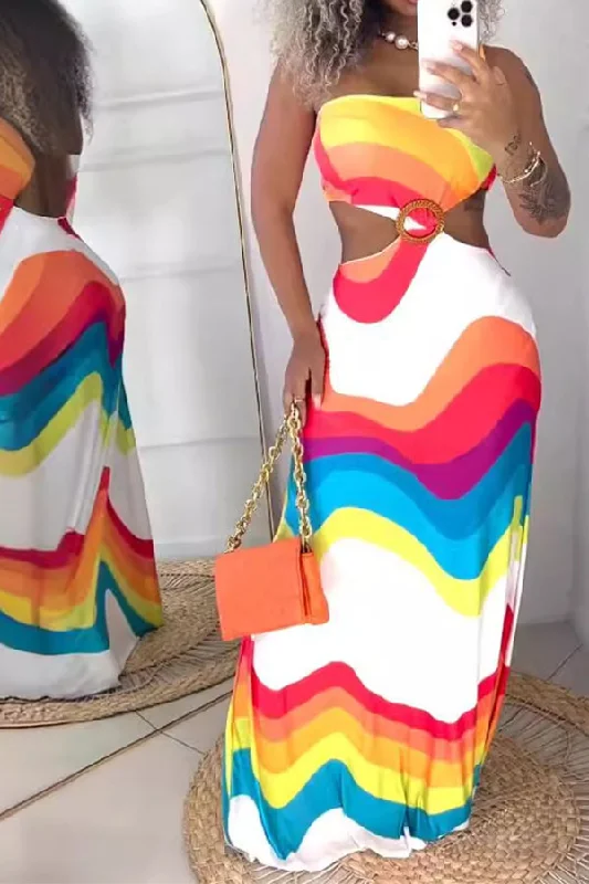 Multicolor Ripple Print Modern One Shoulder Cutout Maxi Dress Chic Boho Print Maxi Dress Multicolor Ripple Print Modern One Shoulder Cutout Maxi Dress Chic Boho Print Maxi Dress