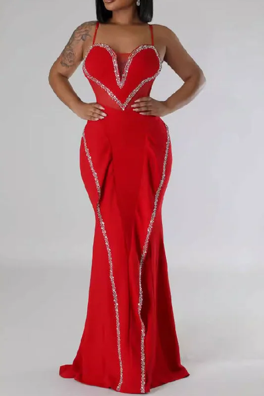 Rhinestone Patchwork Ruffles Unusual Fishtail Maxi Dress Elegant Maxi Dress with Lace Rhinestone Patchwork Ruffles Unusual Fishtail Maxi Dress Elegant Maxi Dress with Lace