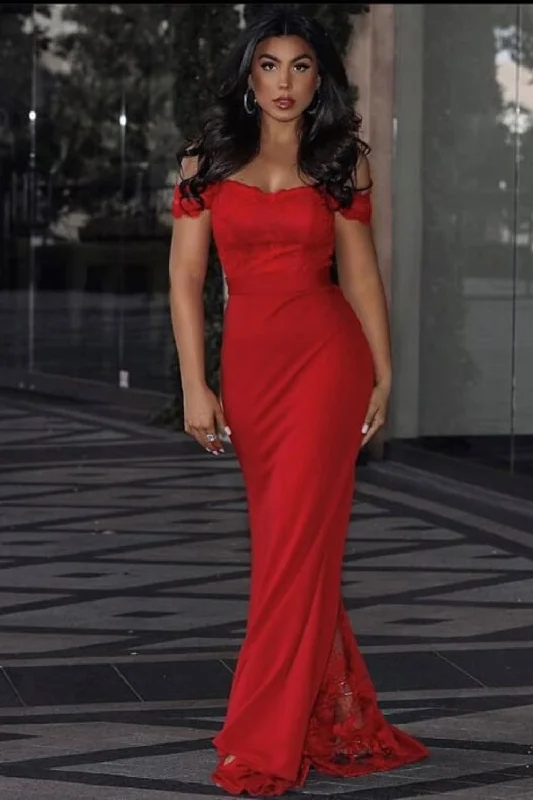 Ruby Berry Red Off The Shoulder Lace Fishtail Maxi Dress Stylish Maxi Dress with Frills Ruby Berry Red Off The Shoulder Lace Fishtail Maxi Dress Stylish Maxi Dress with Frills
