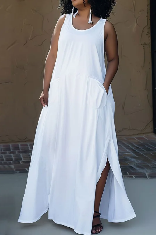 Solid Color Casual Patch Pocket High Split Maxi Dress Casual Maxi Dress with Pockets Solid Color Casual Patch Pocket High Split Maxi Dress Casual Maxi Dress with Pockets