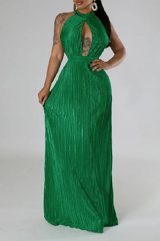 Solid Color Chic Cutout Halter Collar Pleated Maxi Dress Comfortable Satin Maxi Dress Solid Color Chic Cutout Halter Collar Pleated Maxi Dress Comfortable Satin Maxi Dress
