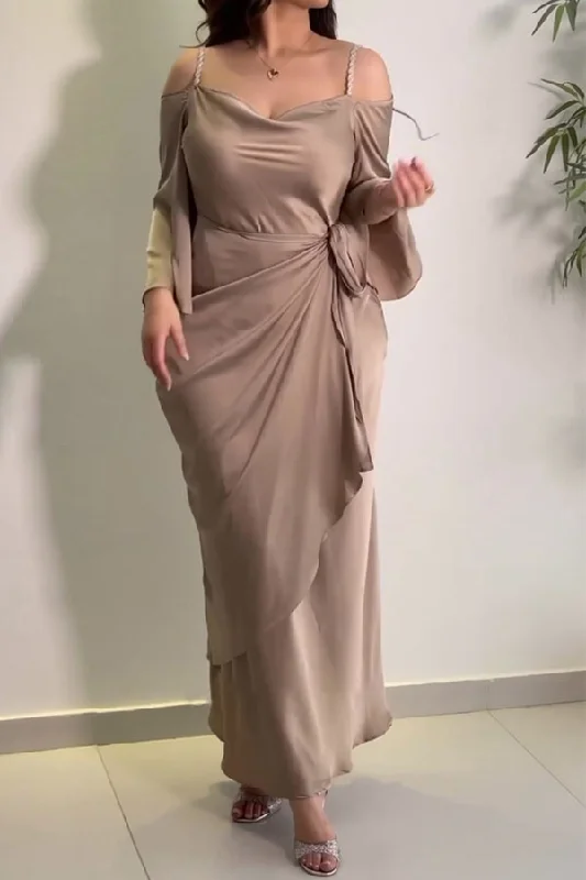 Solid Color Cold Shoulder Modern Lace-Up Irregular Maxi Dress Stylish Long Sleeve Maxi Dress Solid Color Cold Shoulder Modern Lace-Up Irregular Maxi Dress Stylish Long Sleeve Maxi Dress