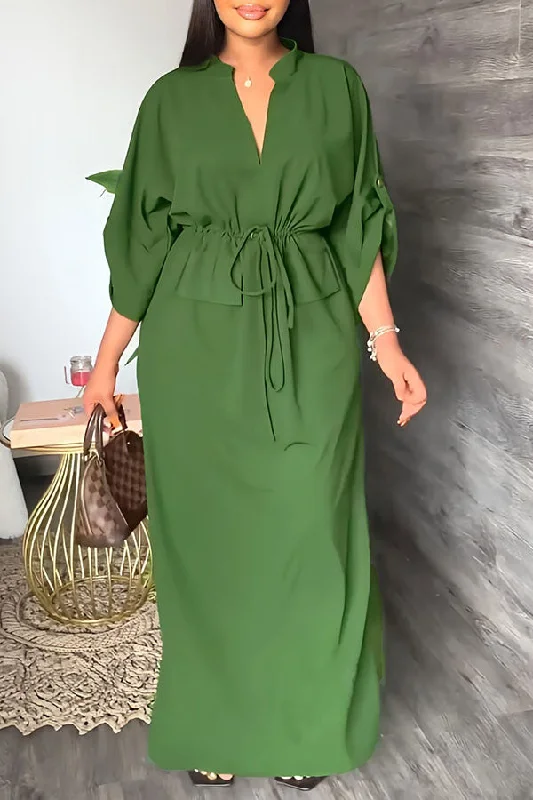 Solid Color Commuting Drawstring Maxi Dress Chic Sleeveless Maxi Dress