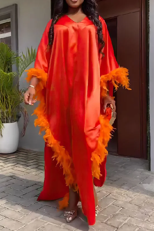 Solid Color Feather Patchwork Luxe High Split Maxi Dress Comfortable T-Shirt Maxi Dress Solid Color Feather Patchwork Luxe High Split Maxi Dress Comfortable T-Shirt Maxi Dress
