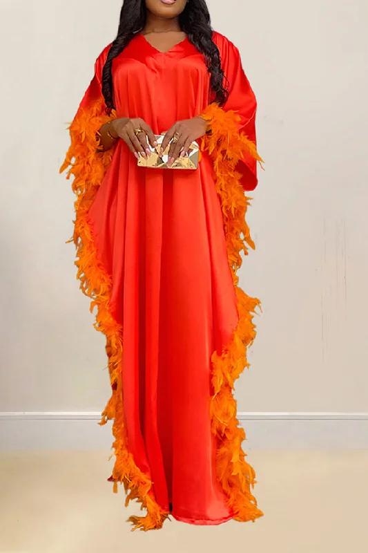 Solid Color Smart Feather Decor High Split Maxi Dress Fashionable Open-Back Maxi Dress Solid Color Smart Feather Decor High Split Maxi Dress Fashionable Open-Back Maxi Dress