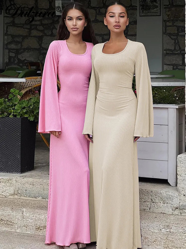 Solid Ribbed Trumpet Sleeves Maxi Dress Back Lace-Up Straps Elegant Casual Autumn Winter For Women Birthday Stylish Maxi Dress with Frills Solid Ribbed Trumpet Sleeves Maxi Dress Back Lace-Up Straps Elegant Casual Autumn Winter For Women Birthday Stylish Maxi Dress with Frills