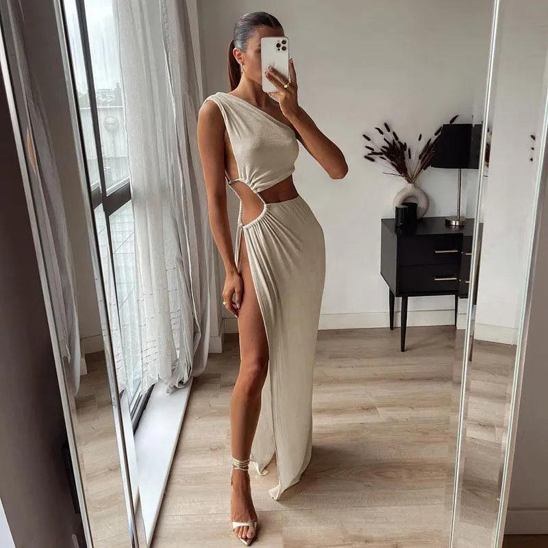 Summer Women Sexy Hollow Out Maxi Dress Spring Solid Sleeveless Split Dress One Shoulder High Waist Bodycon Party Female Fashionable High-Waist Maxi Dress Summer Women Sexy Hollow Out Maxi Dress Spring Solid Sleeveless Split Dress One Shoulder High Waist Bodycon Party Female Fashionable High-Waist Maxi Dress