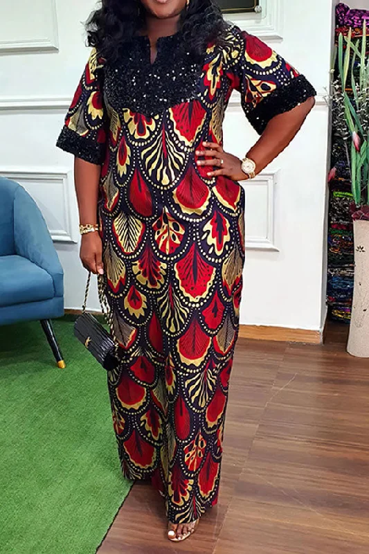 Vintage Leaf Print Glamorous Sequined Patchwork Maxi Dress Fashionable Open-Back Maxi Dress Vintage Leaf Print Glamorous Sequined Patchwork Maxi Dress Fashionable Open-Back Maxi Dress