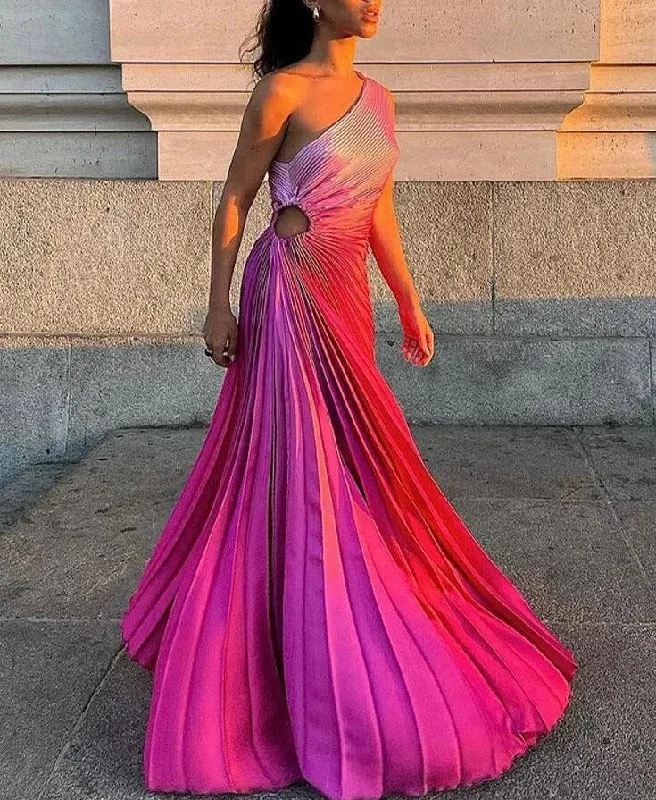 Women's Gradient Pleated Diagonal Collar Maxi Dresses Hollow Out Backless Sleeveless Dresses Irregular Lady Evening Vestidos Chic Off-Shoulder Maxi Dress Women's Gradient Pleated Diagonal Collar Maxi Dresses Hollow Out Backless Sleeveless Dresses Irregular Lady Evening Vestidos Chic Off-Shoulder Maxi Dress