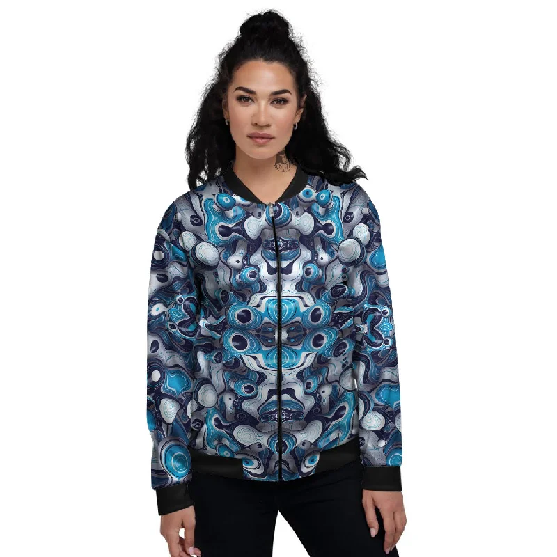 Abstract Wavy Bubbles Blue White Print Pattern Women's Bomber Jacket Cardigan Sweater Pullover Abstract Wavy Bubbles Blue White Print Pattern Women's Bomber Jacket Cardigan Sweater Pullover