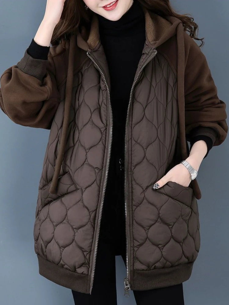 Autumn Hooded Spliced Down Cotton Coat Thick Warm Puffer Jacket Satin Fabric Silk Fabric Chiffon Fabric Autumn Hooded Spliced Down Cotton Coat Thick Warm Puffer Jacket Satin Fabric Silk Fabric Chiffon Fabric
