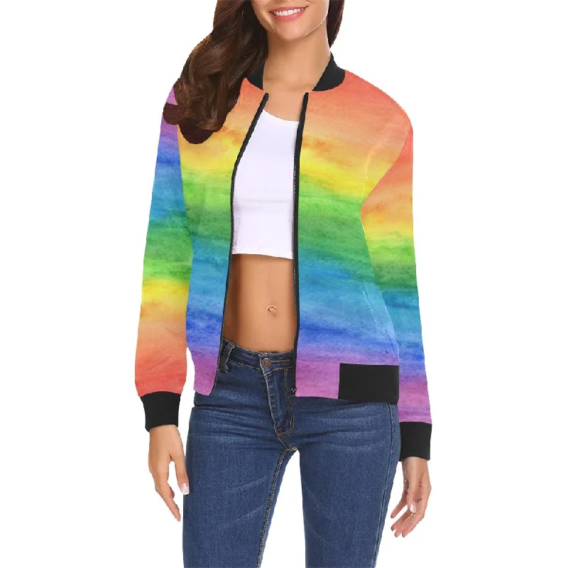 Colorful Rainbow Pattern Print Women Casual Bomber Jacket A-Line Jacket Boat Neck Shawl Collar Colorful Rainbow Pattern Print Women Casual Bomber Jacket A-Line Jacket Boat Neck Shawl Collar
