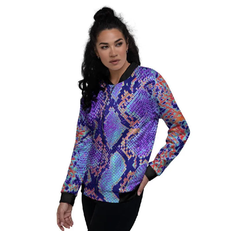 Colorful Snakeskin Print Women's Bomber Jacket Stand-Up Collar Roll-Neck Collar Turtle Neck Colorful Snakeskin Print Women's Bomber Jacket Stand-Up Collar Roll-Neck Collar Turtle Neck