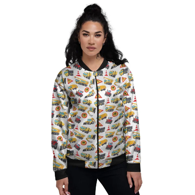 Colorful Toy Trucks And Tractor Print Pattern Women's Bomber Jacket Boat Neck Shawl Collar Notched Collar Colorful Toy Trucks And Tractor Print Pattern Women's Bomber Jacket Boat Neck Shawl Collar Notched Collar
