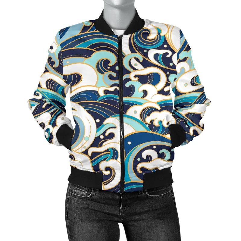 Japanese Wave Pattern Women'S Bomber Jacket Belted Jacket Elasticated Jacket Padded Jacket Japanese Wave Pattern Women'S Bomber Jacket Belted Jacket Elasticated Jacket Padded Jacket
