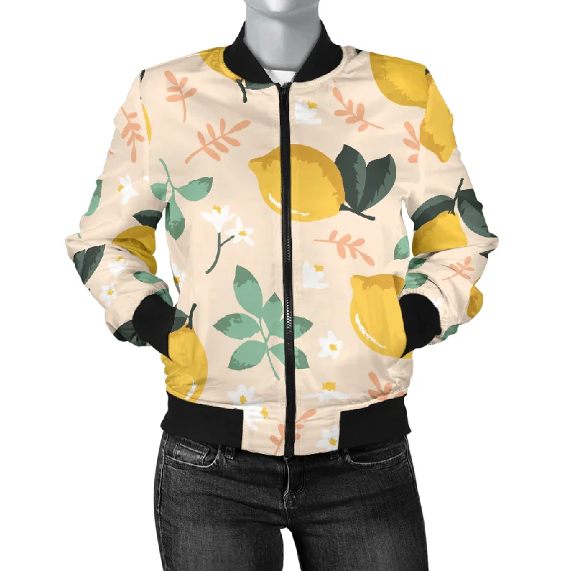 Lemon Flower Leave Pattern Women'S Bomber Jacket A-Line Jacket Boat Neck Shawl Collar Lemon Flower Leave Pattern Women'S Bomber Jacket A-Line Jacket Boat Neck Shawl Collar