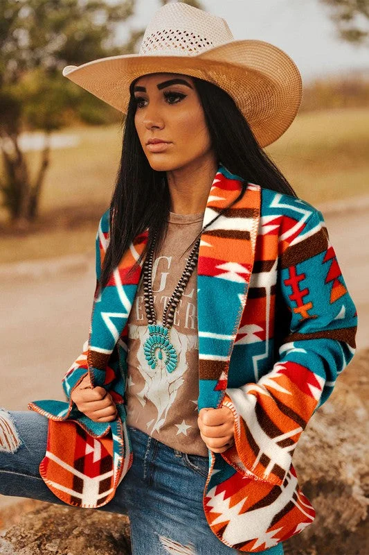 Sky Blue Aztec Printed Lapel Bell Sleeve Jacket Denim Jacket Leather Jacket Suede Jacket Sky Blue Aztec Printed Lapel Bell Sleeve Jacket Denim Jacket Leather Jacket Suede Jacket