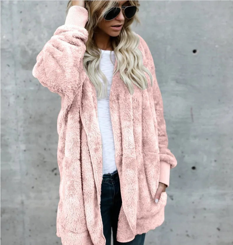 Solid Color Long Sleeve Double Fleece Cardigan Jacket Women Front Pockets Side Pockets Patch Pockets Solid Color Long Sleeve Double Fleece Cardigan Jacket Women Front Pockets Side Pockets Patch Pockets