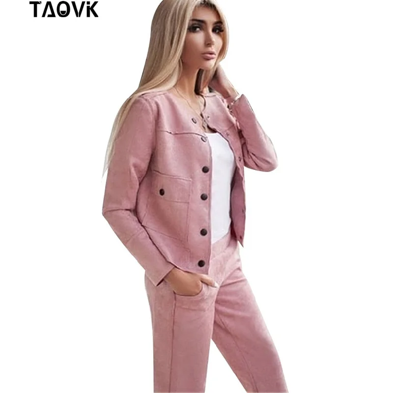 TAOVK Women Suede Tracksuit Single-breasted Collarless Jacket + Pants Two Piece Set Female Streetwear Suits Denim Jacket Leather Jacket Suede Jacket TAOVK Women Suede Tracksuit Single-breasted Collarless Jacket + Pants Two Piece Set Female Streetwear Suits Denim Jacket Leather Jacket Suede Jacket