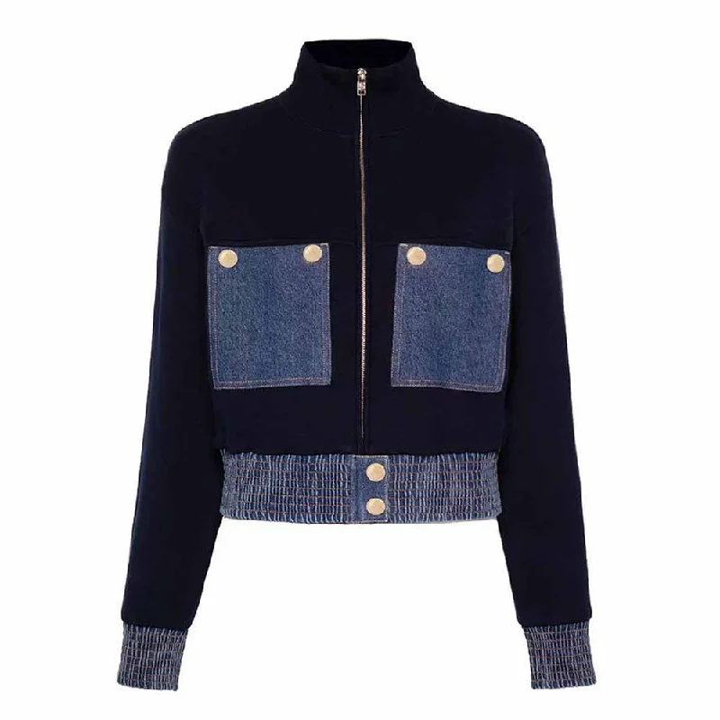 Women Zipper Front Jacket Knit Crop Denim Trim Coat Stand-Up Collar Roll-Neck Collar Turtle Neck Women Zipper Front Jacket Knit Crop Denim Trim Coat Stand-Up Collar Roll-Neck Collar Turtle Neck