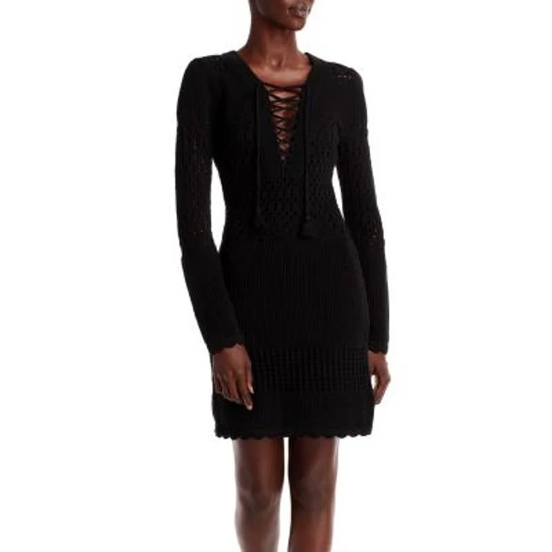 AQUA Ladies Solid Black Long Sleeve Crochet Mini Dress Casual Mini Dress with Pockets