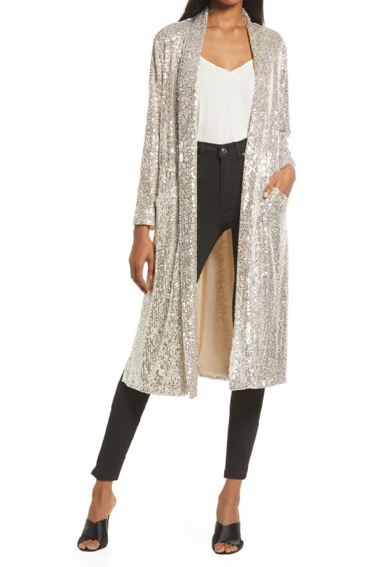 Steve Madden Show Stopper Sequin Jacket - Silver Zippered Front Buttoned Front Snap Front Steve Madden Show Stopper Sequin Jacket - Silver Zippered Front Buttoned Front Snap Front
