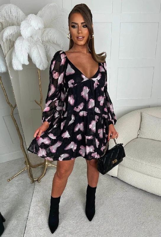 Butterfly Illusion Black Plunge Long Sleeve Layered Mini Dress Stylish Short Sleeve Mini Dress