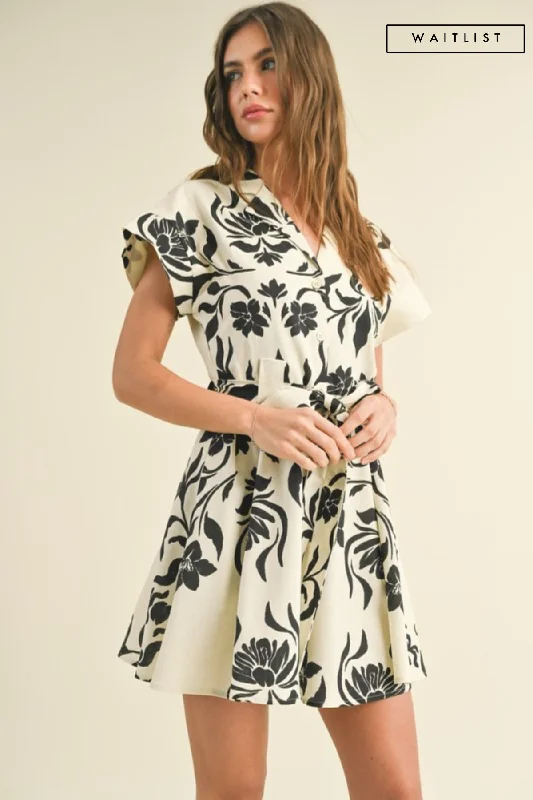 Waitlist 2/5 ♥ Carmen Short Sleeve Button Down Waist Tie Floral Print Mini Dress White Cozy Sweater Mini Dress