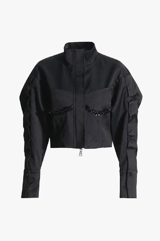 Casual High Neck Sequin Trim Zip Up Long Sleeve Oversized Crop Jacket Wool Jacket Cashmere Jacket Tweed Jacket Casual High Neck Sequin Trim Zip Up Long Sleeve Oversized Crop Jacket Wool Jacket Cashmere Jacket Tweed Jacket