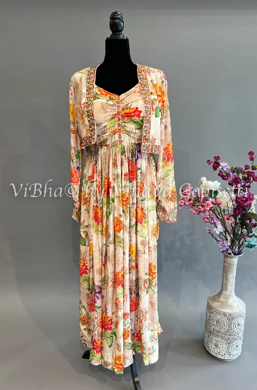 Cream Floral Print Sleeveless Gown WIth Jacket Anorak Shell Jacket Lightweight Jacket Cream Floral Print Sleeveless Gown WIth Jacket Anorak Shell Jacket Lightweight Jacket