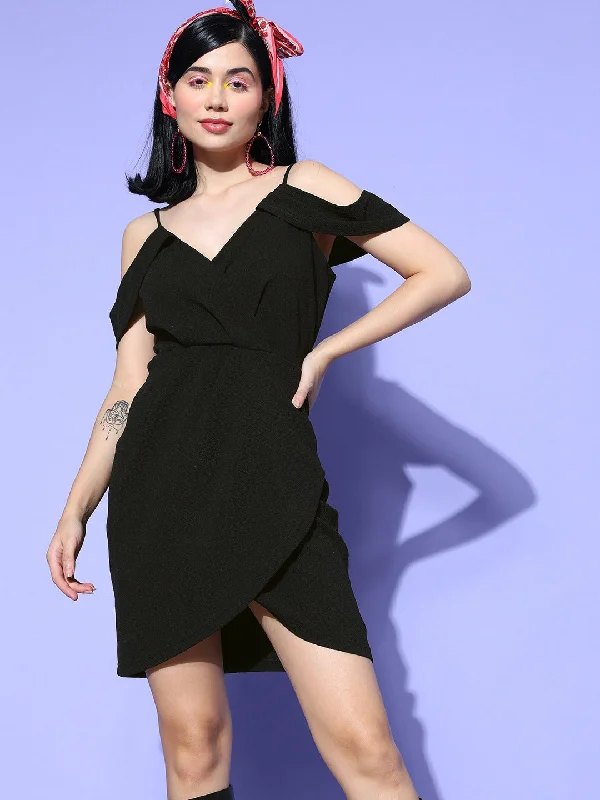 Berrylush Women Solid Black Off-Shoulder Neck Sleeveless Crepe Tulip Hem Wrap Bodycon Mini Dress Elegant Sequin Mini Dress