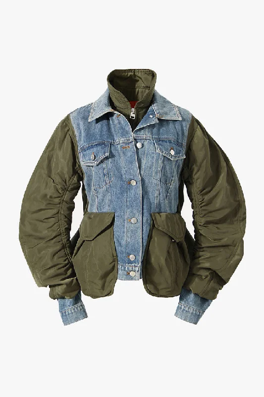 Durable Double Collar Cargo Pocket Nylon Hybrid Padded Denim Jacket Zippered Jacket Buttoned Jacket Snapped Jacket Durable Double Collar Cargo Pocket Nylon Hybrid Padded Denim Jacket Zippered Jacket Buttoned Jacket Snapped Jacket