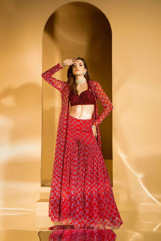 Beautiful Red Printed Gharara with embroidered top and jacket Notch Collar Peter Pan Collar Cowl Neck Beautiful Red Printed Gharara with embroidered top and jacket Notch Collar Peter Pan Collar Cowl Neck