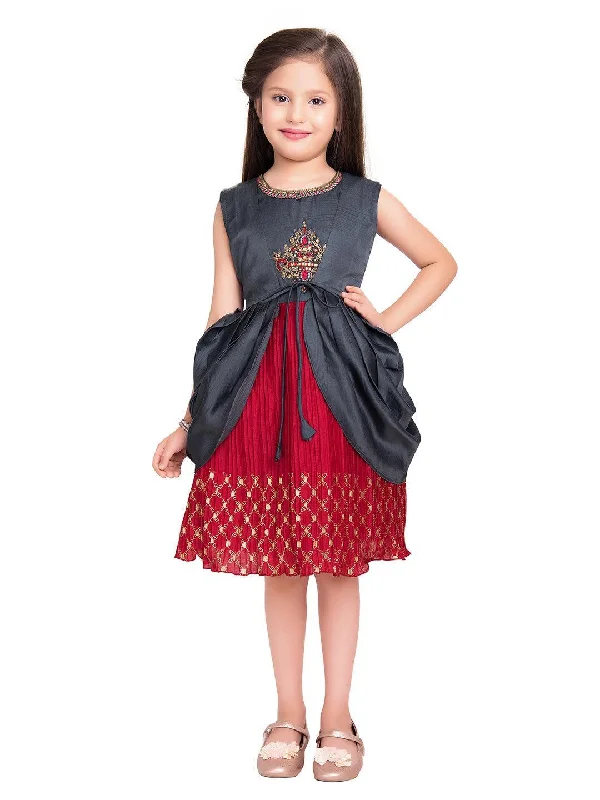 Girls Red & Grey Embroidered Layered Fit & Flare With Jacket Party Wear Frock For Girls Tailored Jacket Straight Jacket A-Line Jacket Girls Red & Grey Embroidered Layered Fit & Flare With Jacket Party Wear Frock For Girls Tailored Jacket Straight Jacket A-Line Jacket