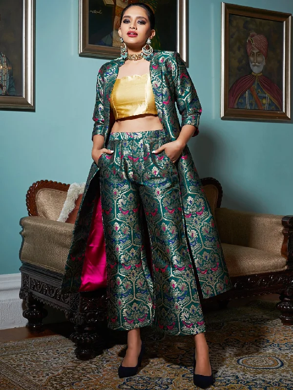Green Jacquard Banarasi Brocade Straight Jacket With Pant Nylon Fabric Polyester Fabric Spandex Fabric Green Jacquard Banarasi Brocade Straight Jacket With Pant Nylon Fabric Polyester Fabric Spandex Fabric