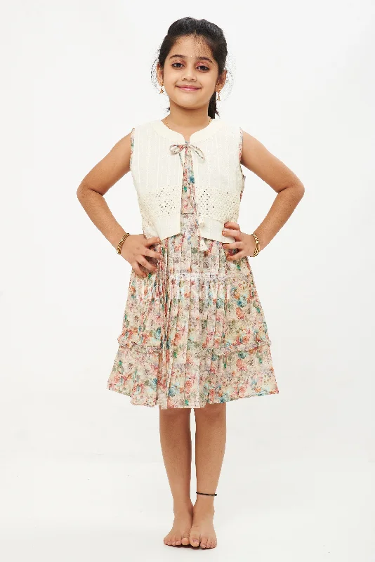 Beige Designer Sleeveless Floral Cotton Frock with Sequined Jacket Mesh Jacket Canvas Jacket Denim Jacket Beige Designer Sleeveless Floral Cotton Frock with Sequined Jacket Mesh Jacket Canvas Jacket Denim Jacket