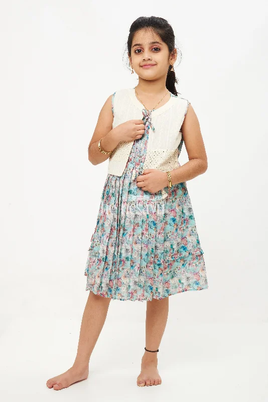 Designer Sleeveless Floral Cotton Frock with Contrast White Jacket Embroidered Jacket Appliqued Jacket Beaded Jacket Designer Sleeveless Floral Cotton Frock with Contrast White Jacket Embroidered Jacket Appliqued Jacket Beaded Jacket