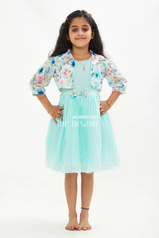 Girls Blue Layered Fancy Frock with Floral Jacket and Ruffled Hemline A-Line Jacket Boat Neck Shawl Collar Girls Blue Layered Fancy Frock with Floral Jacket and Ruffled Hemline A-Line Jacket Boat Neck Shawl Collar
