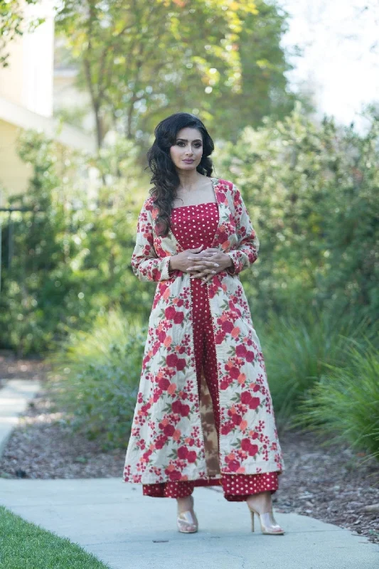 Red Top Pant Set with Hand Embroidered Long Jacket for Women Nylon Fabric Polyester Fabric Spandex Fabric Red Top Pant Set with Hand Embroidered Long Jacket for Women Nylon Fabric Polyester Fabric Spandex Fabric