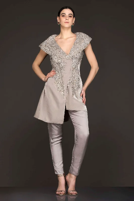 Grey Suede Asymmetric Peplum Jacket Top With Satin Georgette Pants Bomber Jacket Anorak Windbreaker Grey Suede Asymmetric Peplum Jacket Top With Satin Georgette Pants Bomber Jacket Anorak Windbreaker