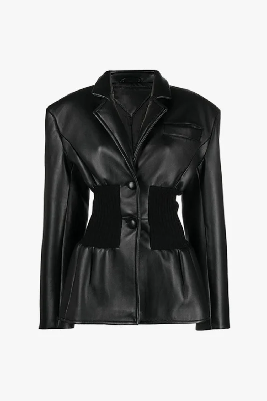 Powerful Notch Lapel Ribbed Knit Paneled Peplum Faux Leather Jacket Nylon Jacket Polyester Jacket Spandex Jacket Powerful Notch Lapel Ribbed Knit Paneled Peplum Faux Leather Jacket Nylon Jacket Polyester Jacket Spandex Jacket
