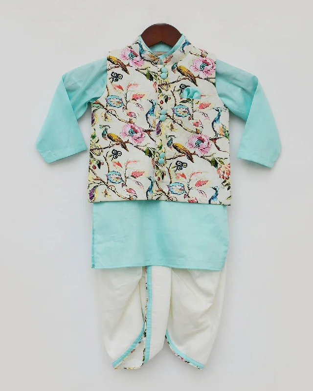 Pre-Order: Off White Print Jacket with Blue Kurta and Dhoti Satin Fabric Silk Fabric Chiffon Fabric Pre-Order: Off White Print Jacket with Blue Kurta and Dhoti Satin Fabric Silk Fabric Chiffon Fabric