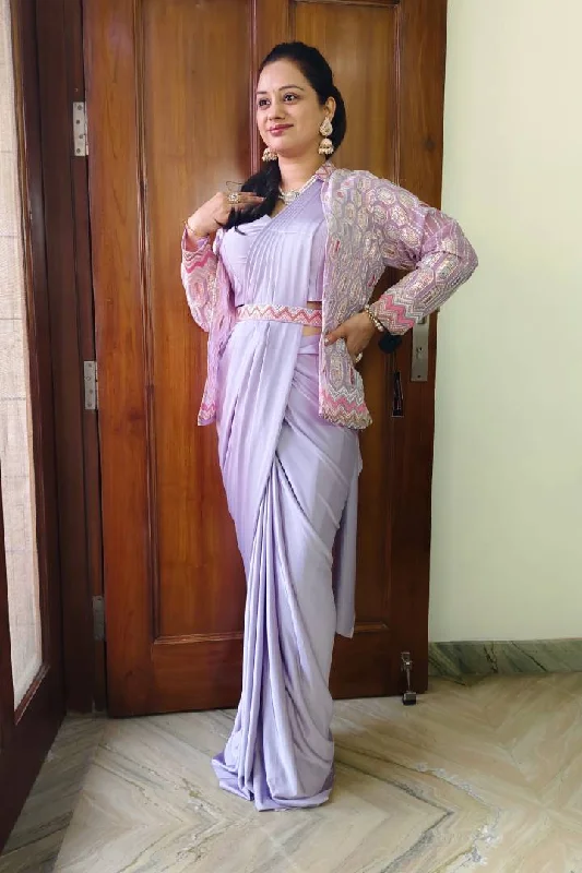 Ready to Wear Drape Saree With Belt And Jacket in Lavender Hoodie Zip-Up Jacket Button-Up Jacket Ready to Wear Drape Saree With Belt And Jacket in Lavender Hoodie Zip-Up Jacket Button-Up Jacket