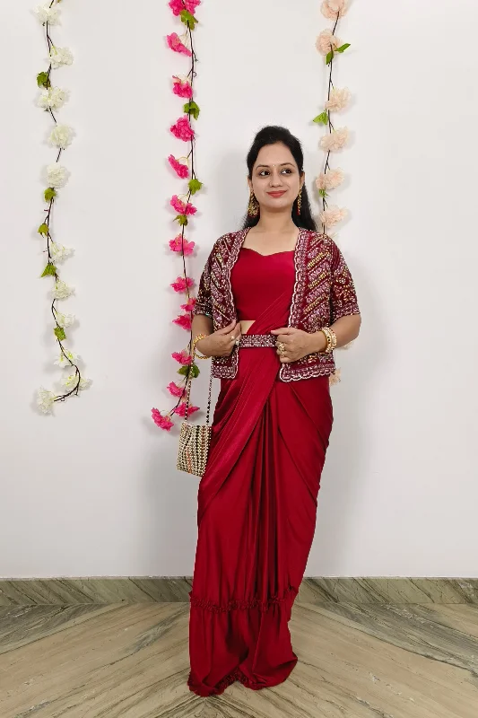 Ready To Wear Partywear Drape Saree With jacket In Red Striped Jacket Polka Dot Jacket Floral Jacket Ready To Wear Partywear Drape Saree With jacket In Red Striped Jacket Polka Dot Jacket Floral Jacket