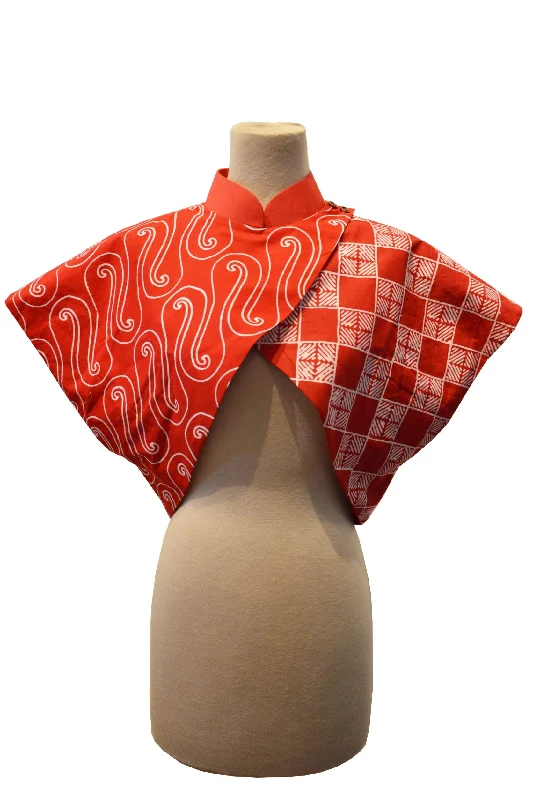 RED SWIRL MOTIVE AND RED CUBES BATIK WITH REVERSIBLE RED COTTON - REVERSIBLE BOLERO JACKET - MULTI Wool Fabric Cashmere Fabric Tweed Fabric RED SWIRL MOTIVE AND RED CUBES BATIK WITH REVERSIBLE RED COTTON - REVERSIBLE BOLERO JACKET - MULTI Wool Fabric Cashmere Fabric Tweed Fabric
