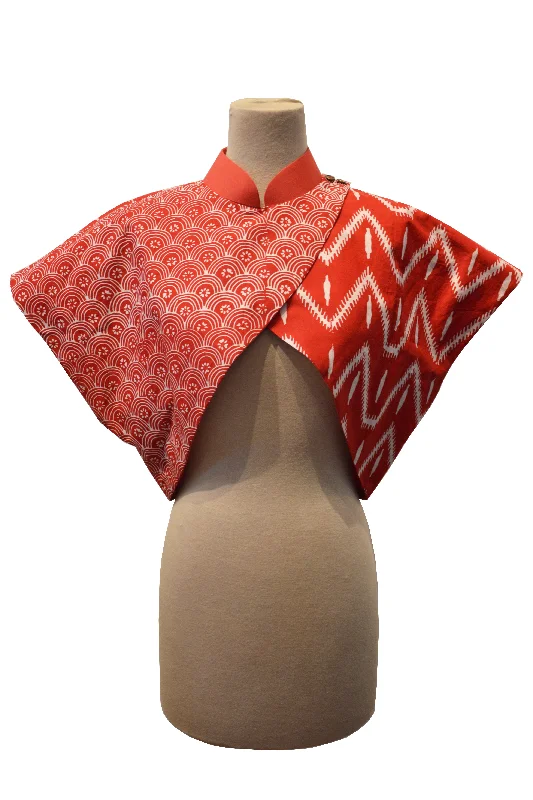 RED SWIRL MOTIVE AND RED DIAMOND BATIK WITH REVERSIBLE RED COTTON - REVERSIBLE BOLERO JACKET - MULTI Zippered Front Buttoned Front Snap Front RED SWIRL MOTIVE AND RED DIAMOND BATIK WITH REVERSIBLE RED COTTON - REVERSIBLE BOLERO JACKET - MULTI Zippered Front Buttoned Front Snap Front