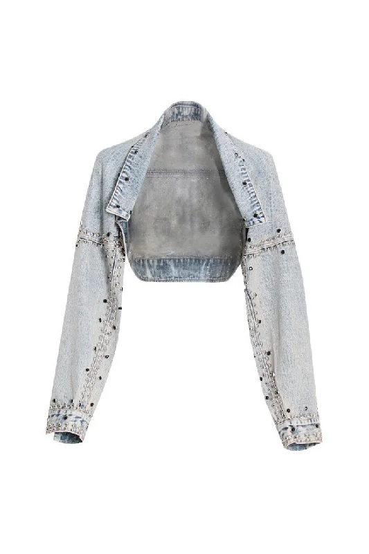 Retro Drop Shoulder Long Sleeve Open Front Studded Crop Denim Bolero Jacket Tiered Jacket Buttoned Jacket Zippered Jacket Retro Drop Shoulder Long Sleeve Open Front Studded Crop Denim Bolero Jacket Tiered Jacket Buttoned Jacket Zippered Jacket